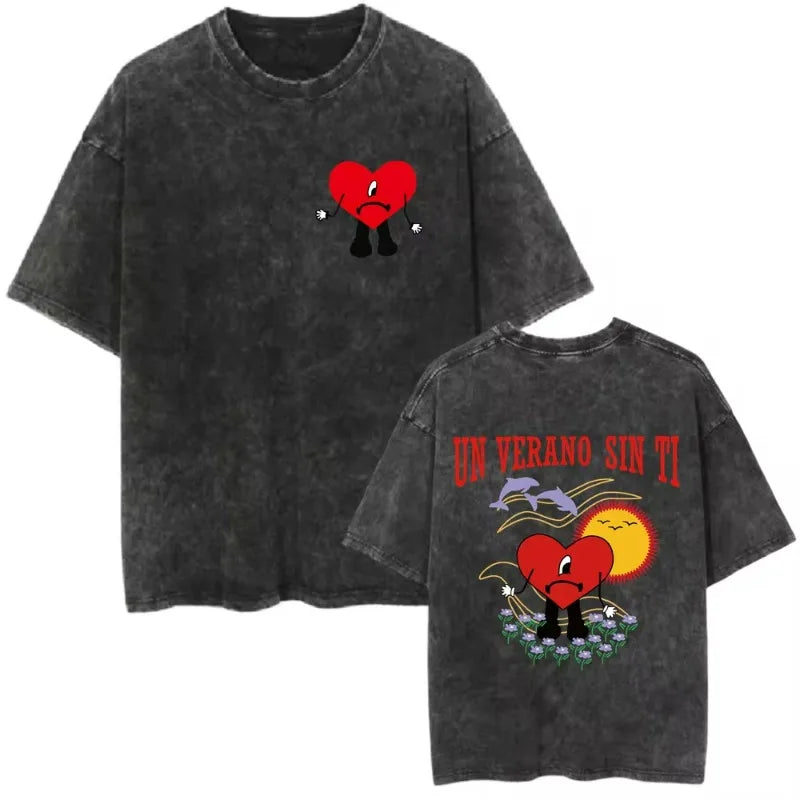Man T-Shirt Un Verano Sin Ti Bad Bunny Summer Retro Washed T-Shirts Oversized Hip Hop Tshirt Harajuku Streetwear Unisex Top Tee