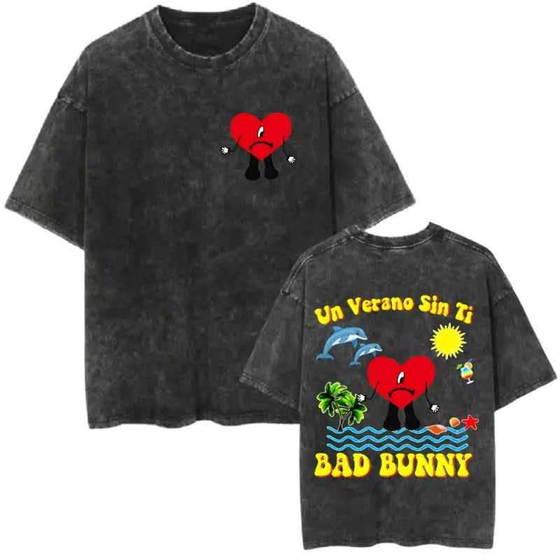 Man T-Shirt Un Verano Sin Ti Bad Bunny Summer Retro Washed T-Shirts Oversized Hip Hop Tshirt Harajuku Streetwear Unisex Top Tee
